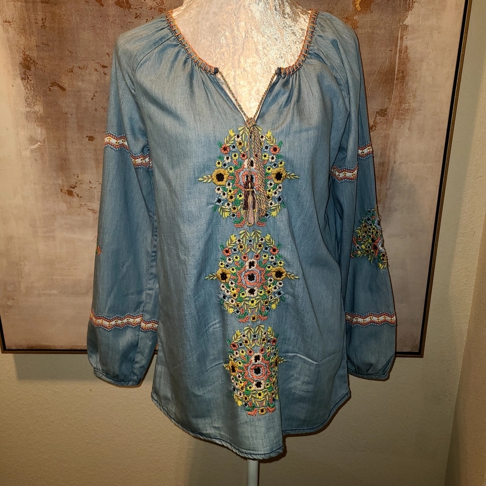 Tolani Denim Embellished Tunic with V-Neckline